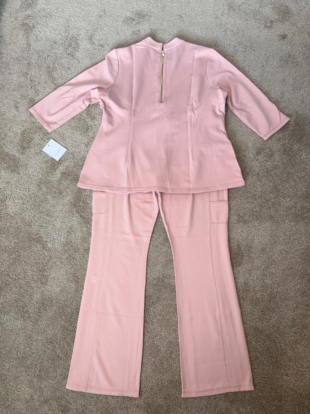 NWT Jaanuu Ponte Collection Blush Pink Choker Neck Scrub Set Flare Pants Women’s - Picture 5 of 16